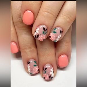 Floral creamy pink and Coral beautiful Press On Nails